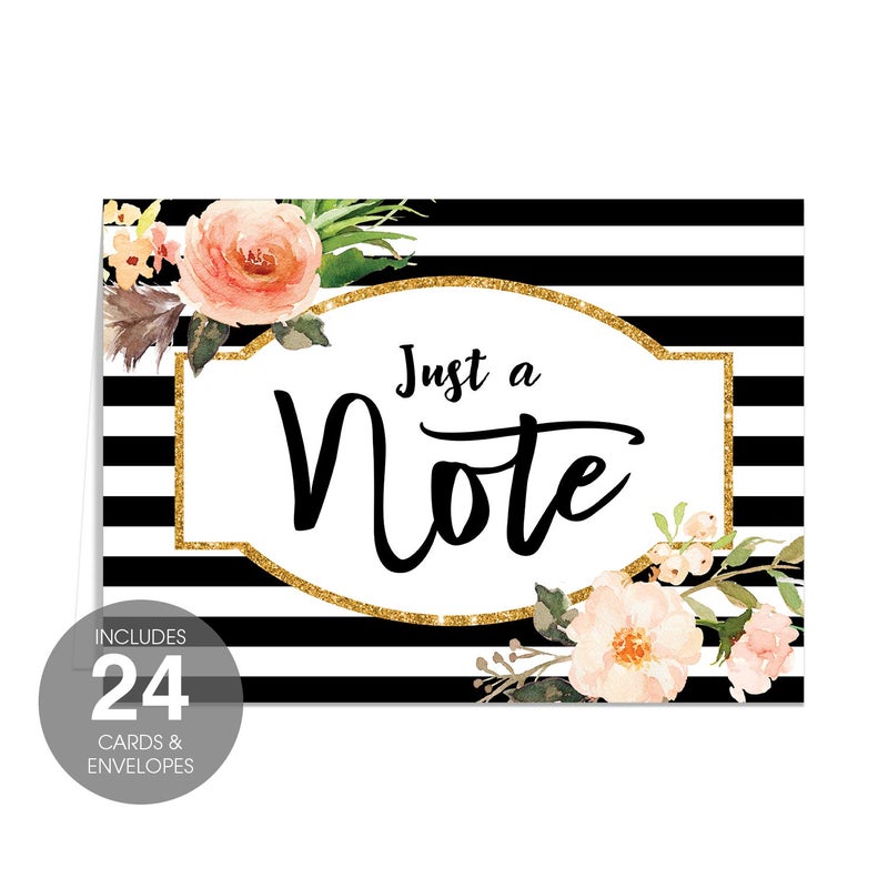Canopy Street Black Stripe Floral And Faux Glitter Note Cards / 24 Just A Note Cards/All Occasion Greeting Cards / 3 1/2" x 4 7/8" Floral Cards - Image 2
